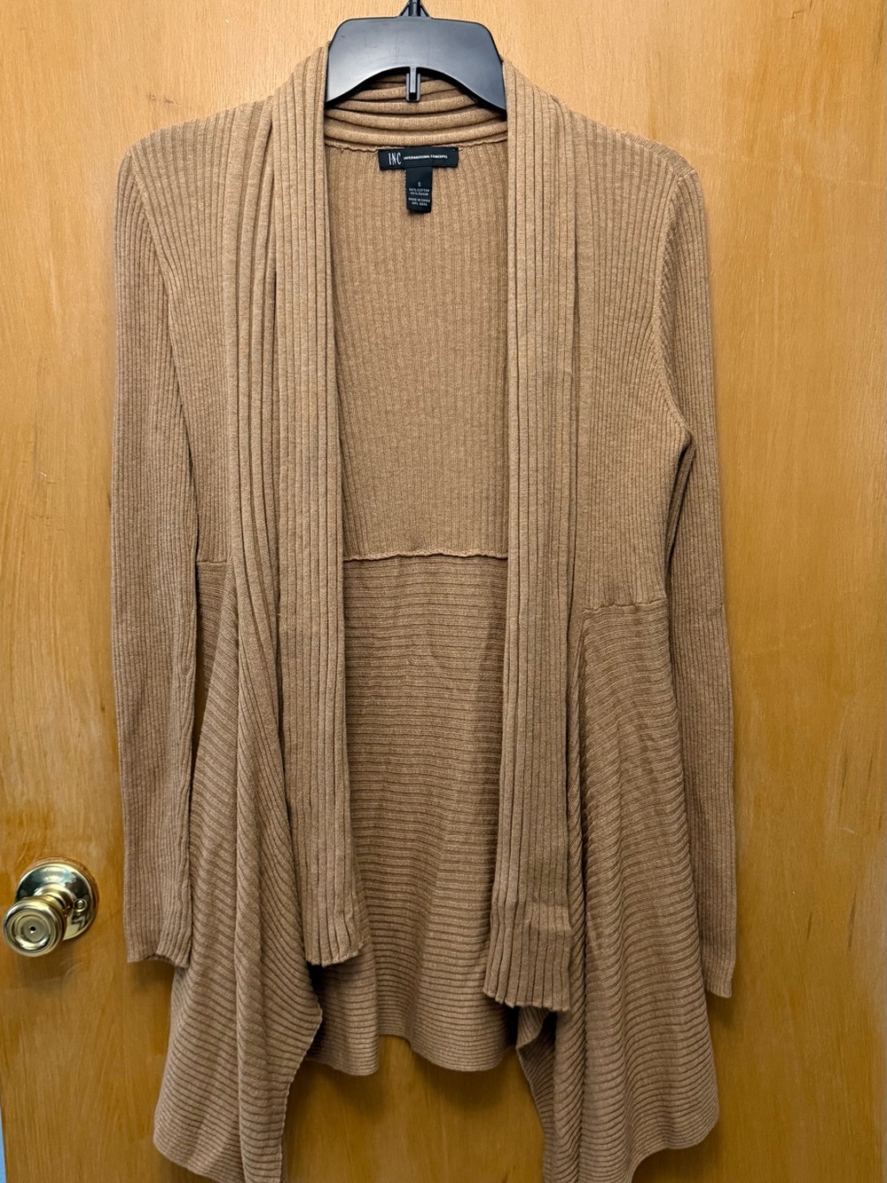 INC International Concepts Camel Ribbed Open Drape Cardigan